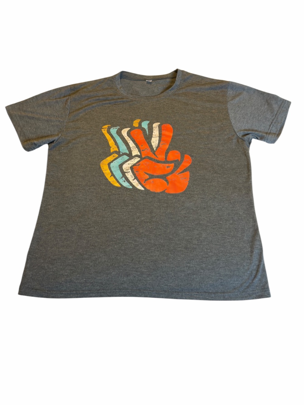 Graphic Grey Tee with Retro Orange & Teal Wave Print (005)